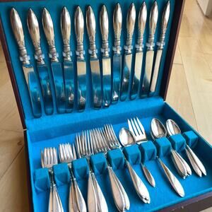 VTG 1847 Rogers Bros Queen Ann St Moritz Silver Plate Flatware 49 pc and Box MCM